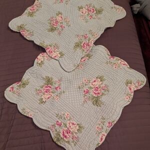 Floral Quilted Decorative Pillow Sham Pair - Pink Rose on Light Blue